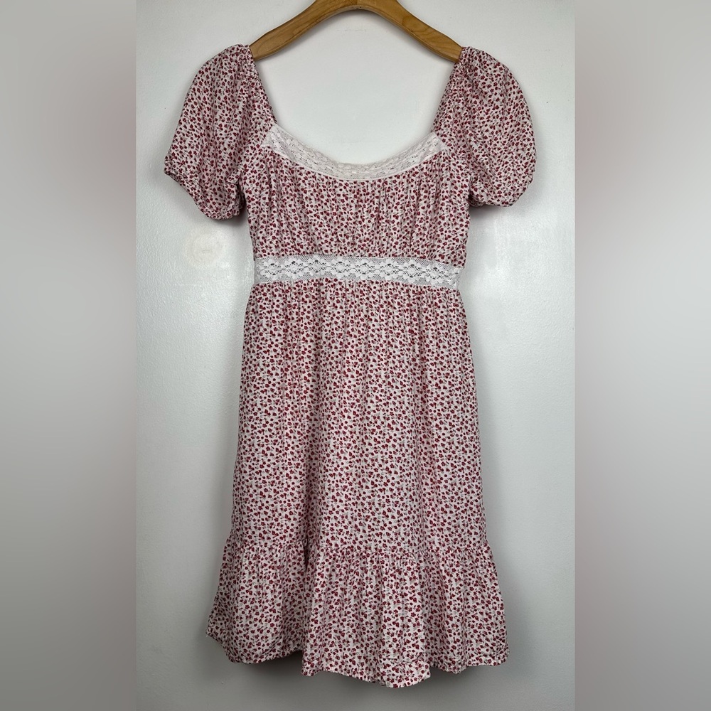 Hollister Red White Floral Dress Small Peasant Cottagecore Puff Sleeve Boho